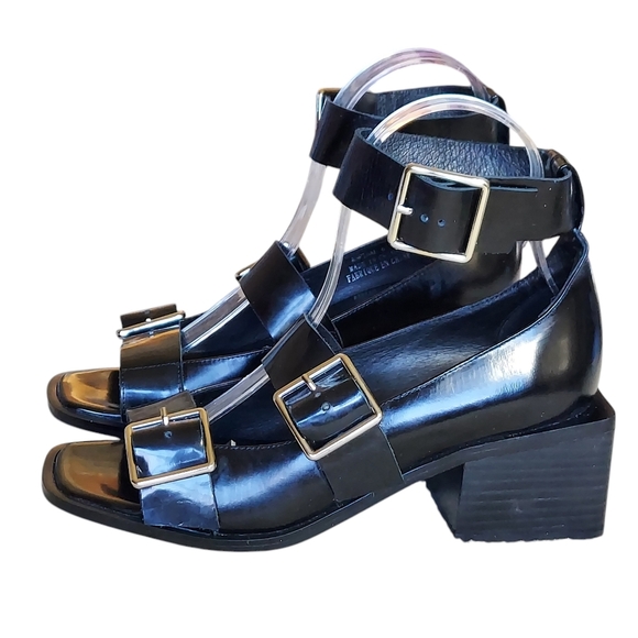 Jeffrey Campbell Aspinal Black Patent Leather Triple Buckle Strap Open Toe Heels - Picture 1 of 14